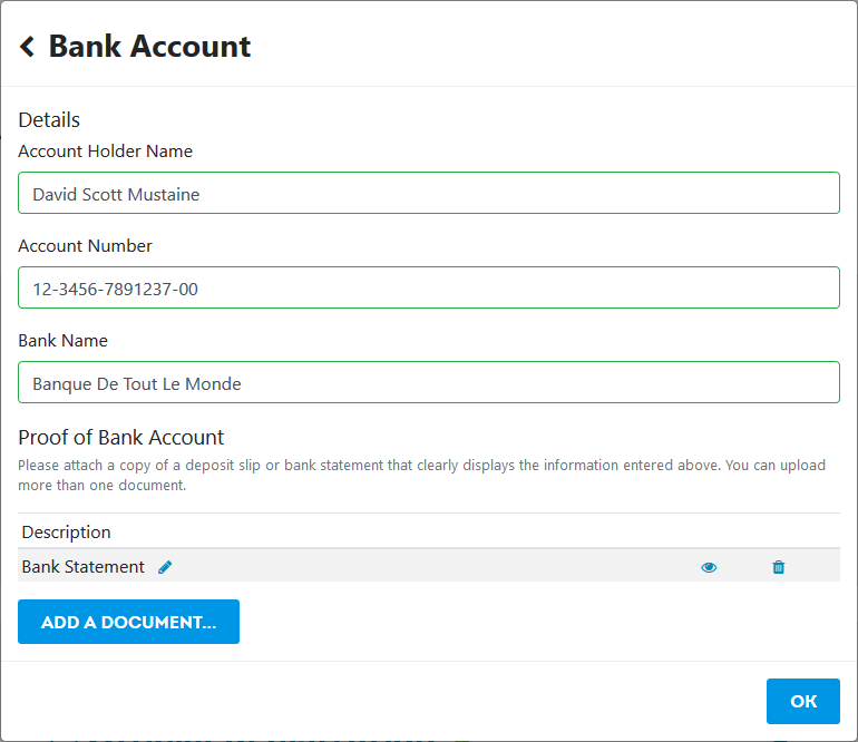 Verification screen Bank account