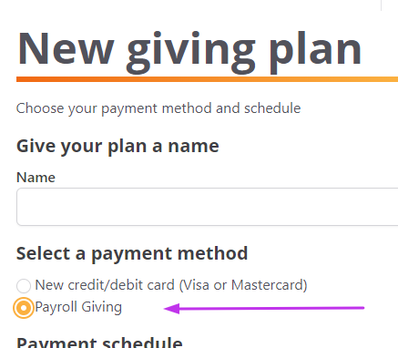 Screenshot of the place to specify Payroll Giving as the method