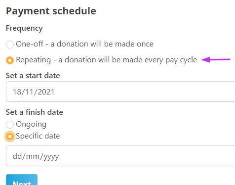 Screenshot of options for a regular donation