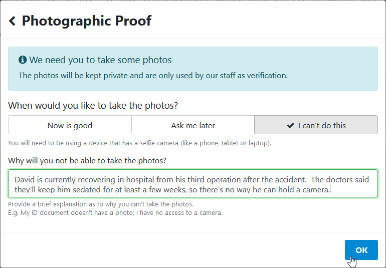 Screenshot showing the explanation section for when photos can't be taken